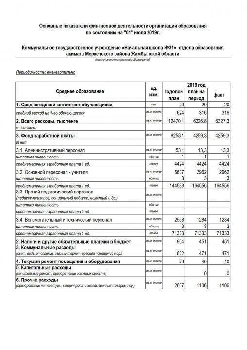 Основные показатели финансовой деятельности организации  по состоянию на "1"июля 2019г.
