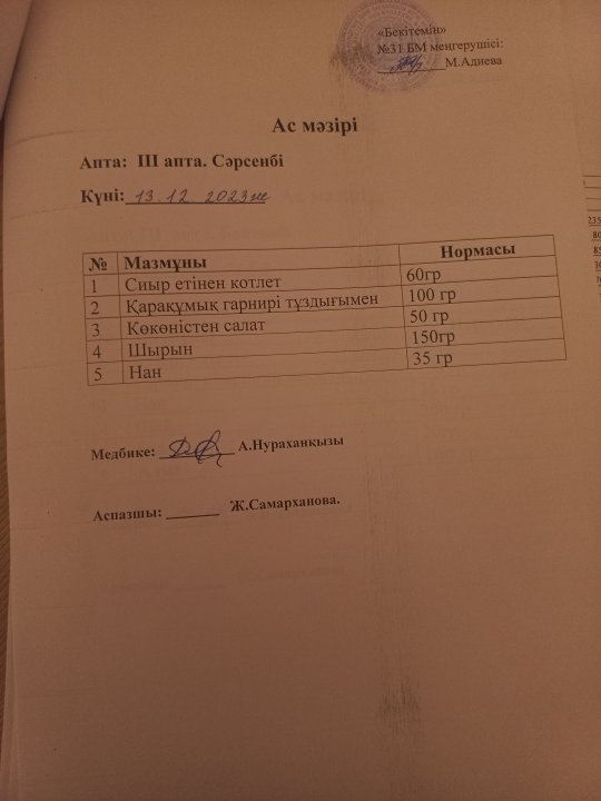 Күнделікті ас мәзірі
