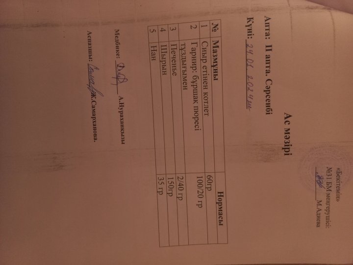 Күнделікті ас мәзірі.