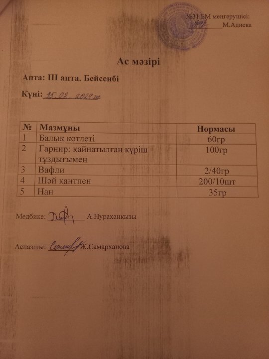 Күнделікті ас мәзірі.