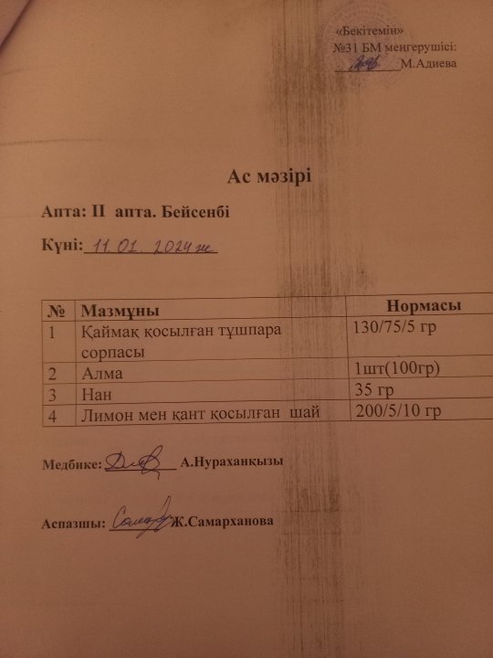 Күнделікті ас мәзірі.